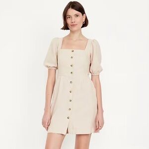 Puff Sleeve Linen Blend Mini Dress